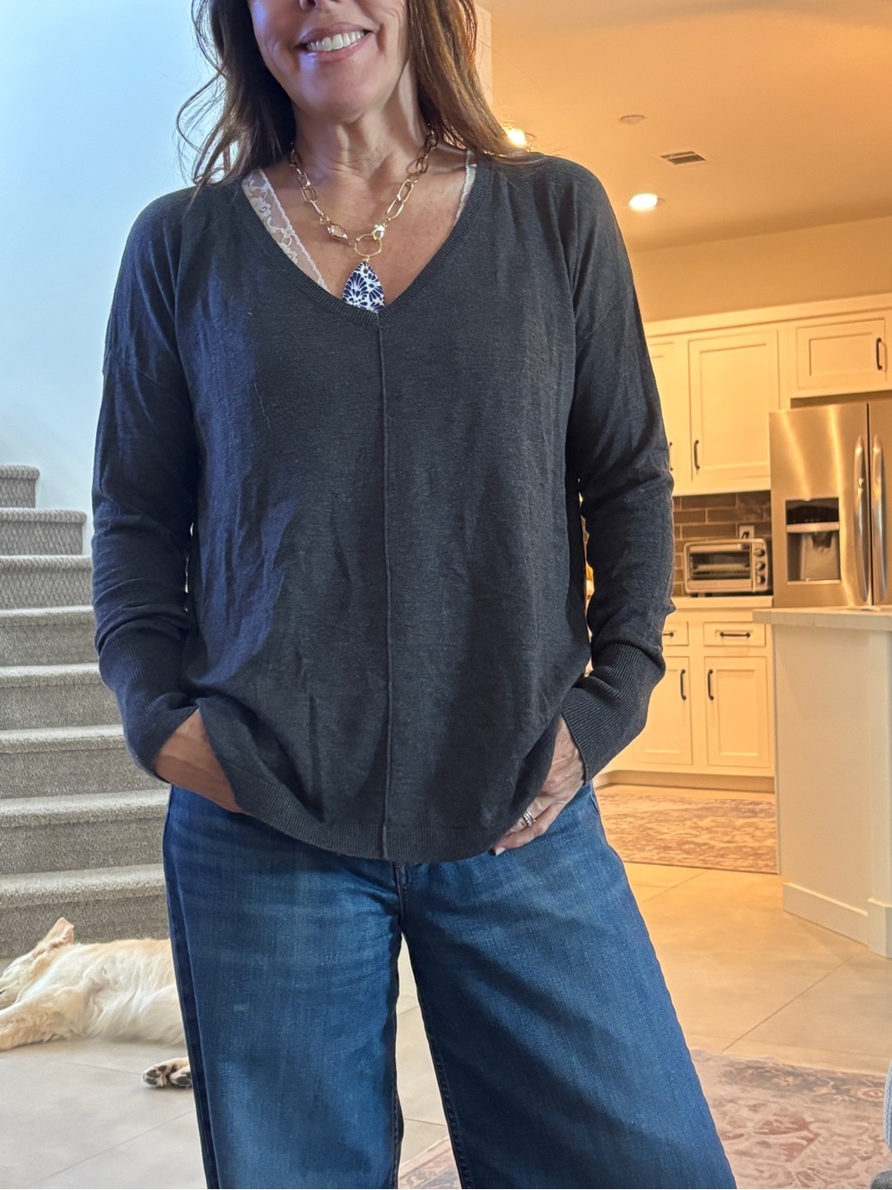 Valette Charcoal V-Neck Lightweight Sweater